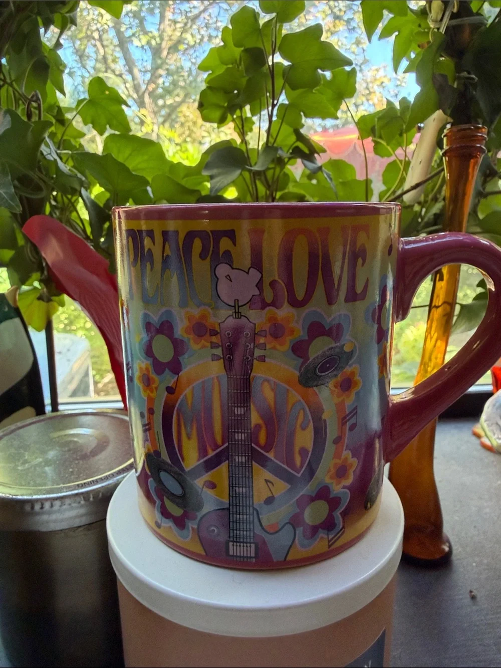 Pink Peace & Love Music Ceramic Teapot Mug